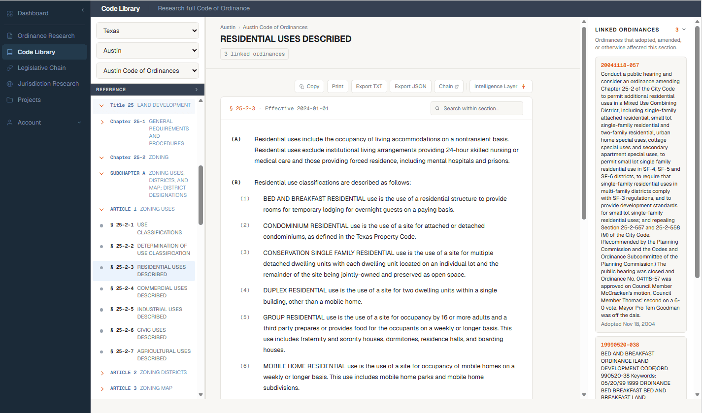 LocalCode Code Library — code hierarchy, section text, and linked ordinances panel